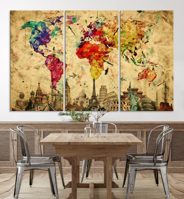 Extra Large World Map Wall Art with Landmarks Map Poster of the World Canvas Print