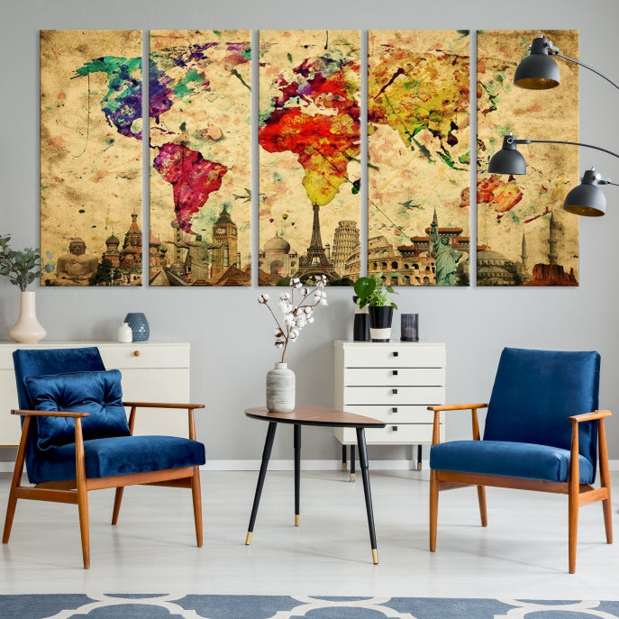 Extra Large World Map Wall Art with Landmarks Map Poster of the World Canvas Print