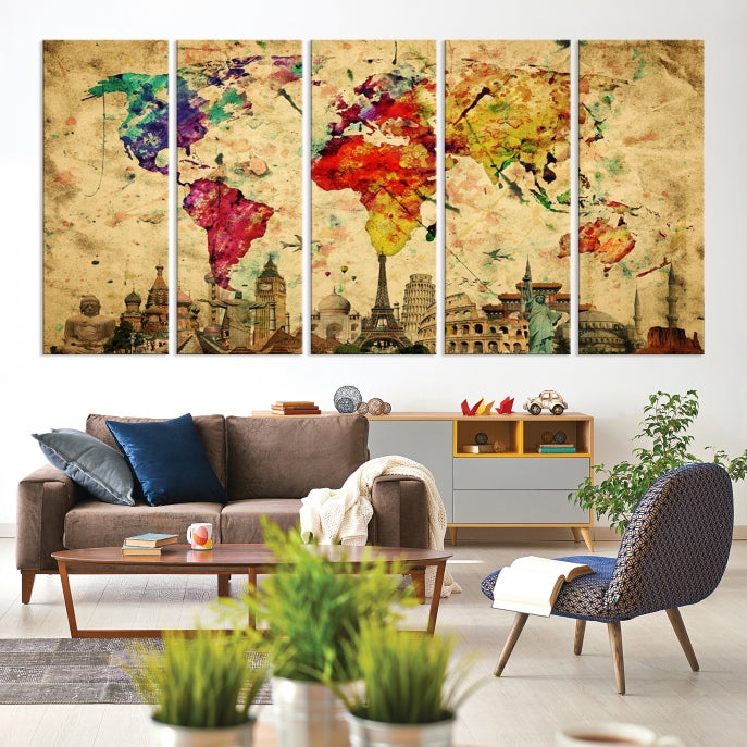 Extra Large World Map Wall Art with Landmarks Map Poster of the World Canvas Print