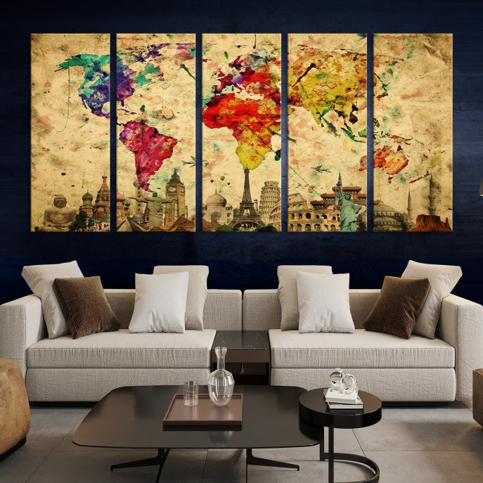 Extra Large World Map Wall Art with Landmarks Map Poster of the World Canvas Print