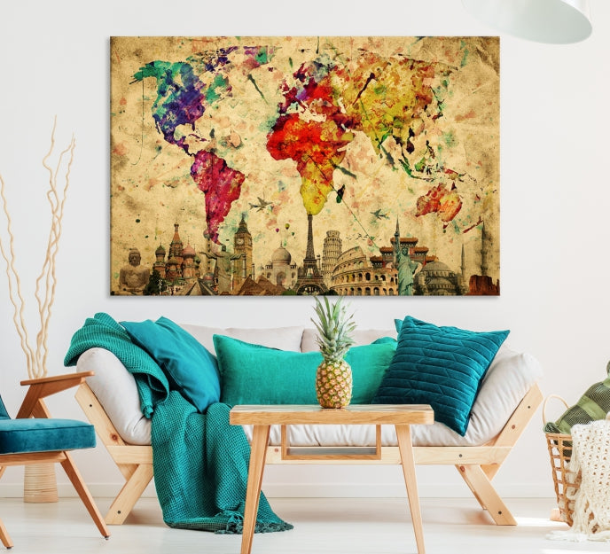 Extra Large World Map Wall Art with Landmarks Map Poster of the World Canvas Print