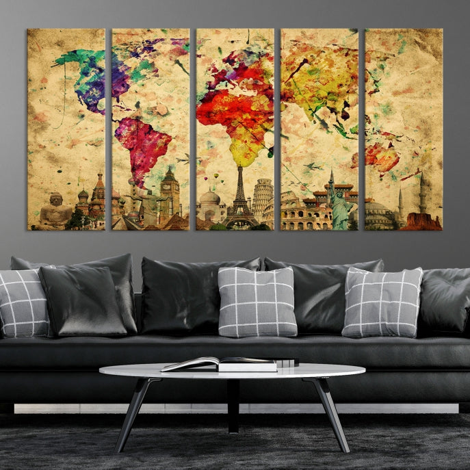 Extra Large World Map Wall Art with Landmarks Map Poster of the World Canvas Print