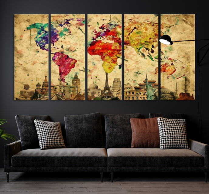 Extra Large World Map Wall Art with Landmarks Map Poster of the World Canvas Print