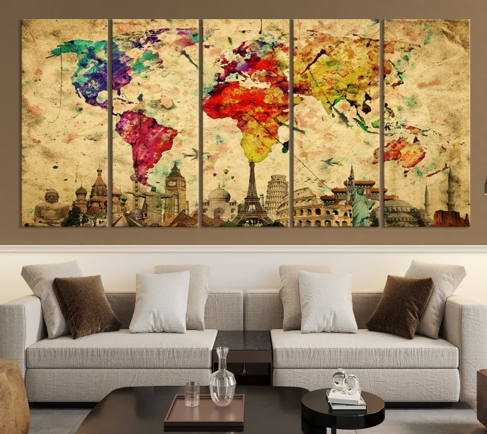 Extra Large World Map Wall Art with Landmarks Map Poster of the World Canvas Print