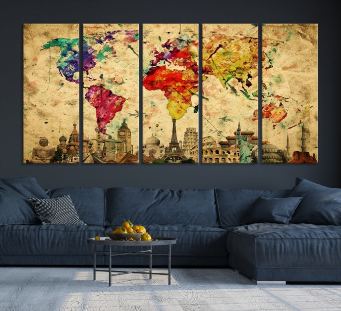 Extra Large World Map Wall Art with Landmarks Map Poster of the World Canvas Print