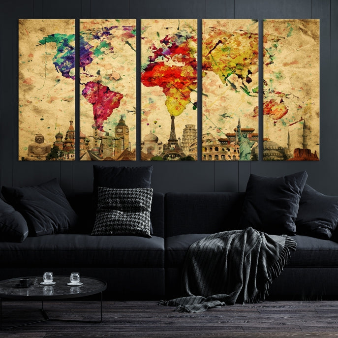 Extra Large World Map Wall Art with Landmarks Map Poster of the World Canvas Print