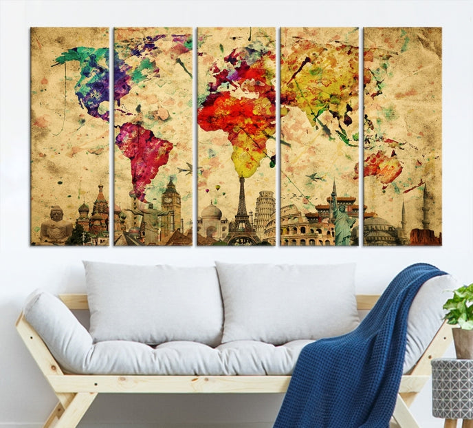 Extra Large World Map Wall Art with Landmarks Map Poster of the World Canvas Print