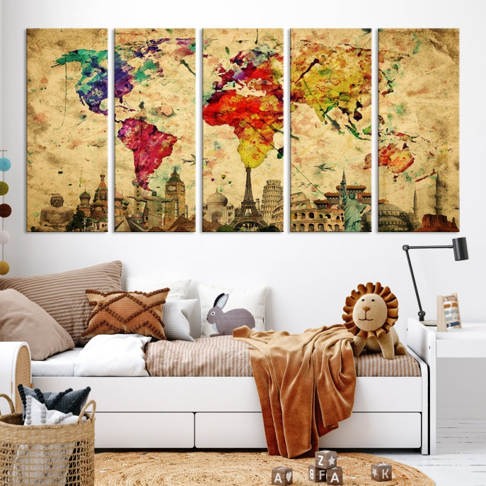 Extra Large World Map Wall Art with Landmarks Map Poster of the World Canvas Print