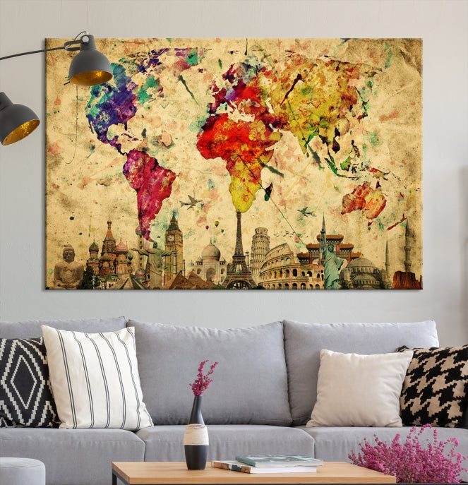 Extra Large World Map Wall Art with Landmarks Map Poster of the World Canvas Print