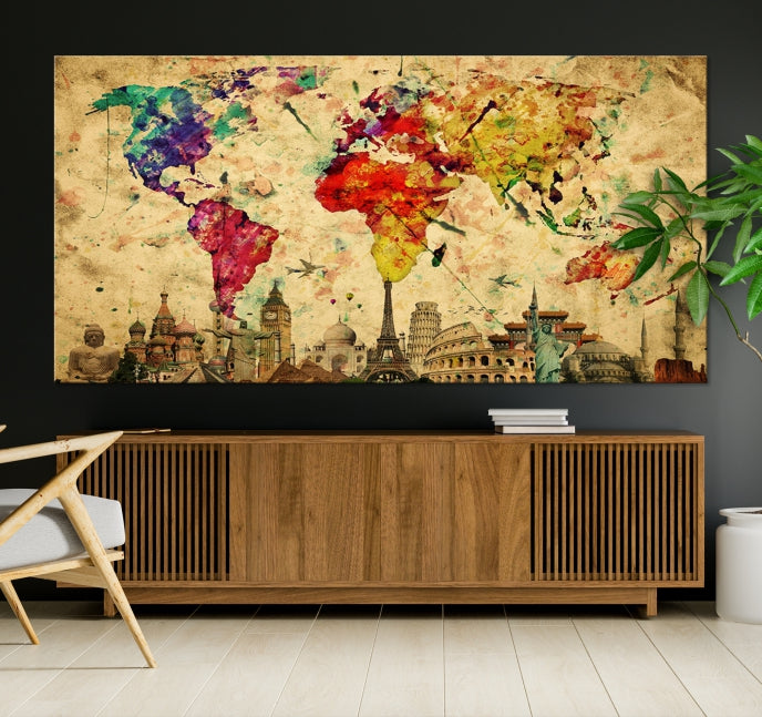 Extra Large World Map Wall Art with Landmarks Map Poster of the World Canvas Print