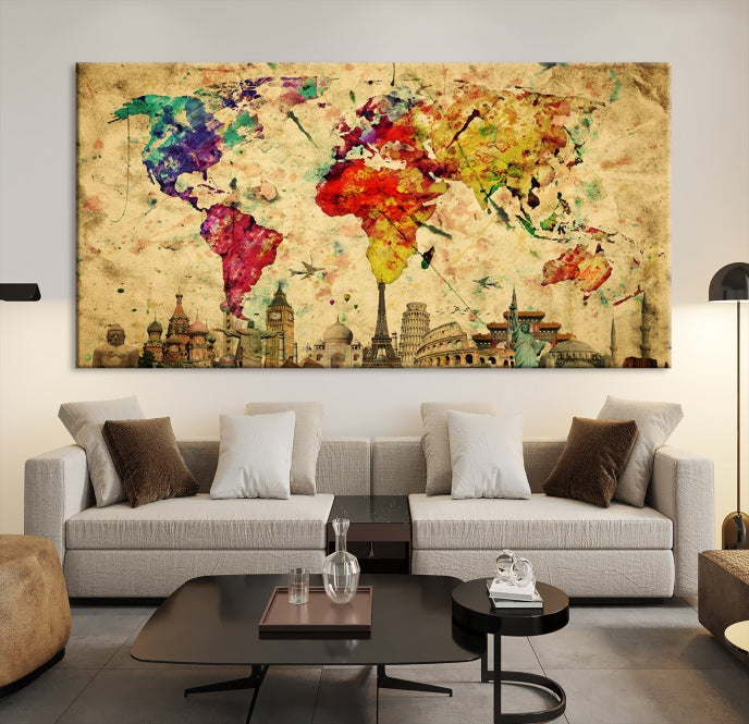 Extra Large World Map Wall Art with Landmarks Map Poster of the World Canvas Print