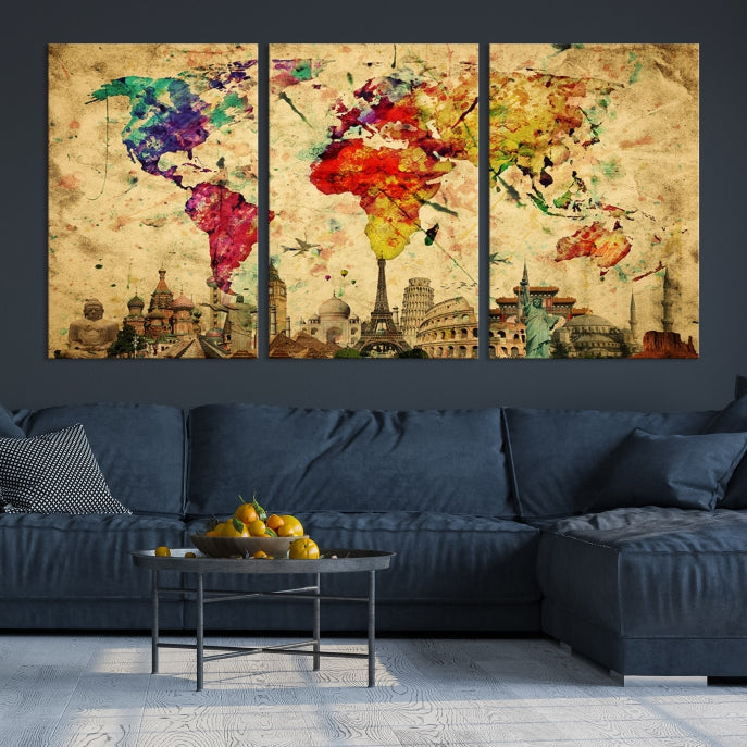 Extra Large World Map Wall Art with Landmarks Map Poster of the World Canvas Print