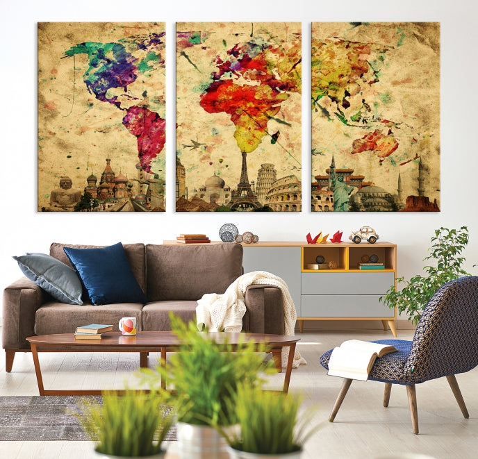 Extra Large World Map Wall Art with Landmarks Map Poster of the World Canvas Print