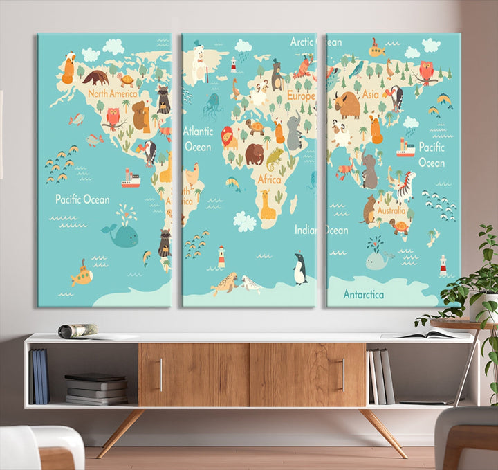 Extra Large World Map with Animals Art Print Kids Room Nursery Canvas Decor