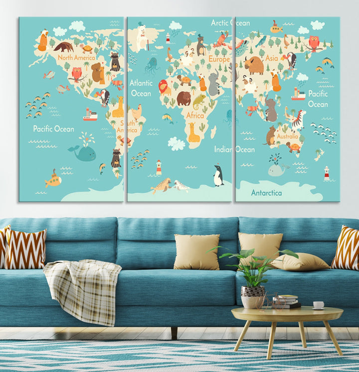 Extra Large World Map with Animals Art Print Kids Room Nursery Canvas Decor