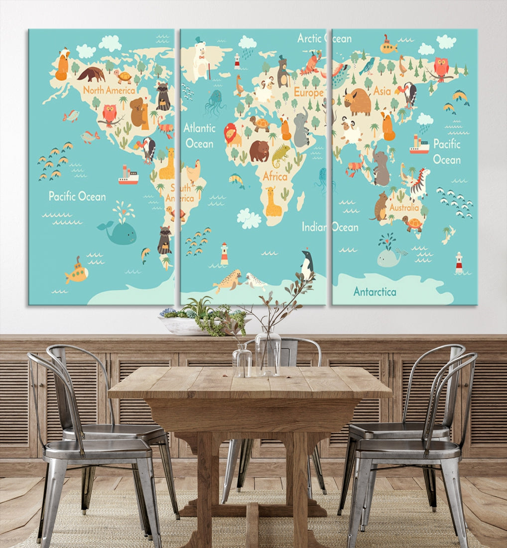 Extra Large World Map with Animals Art Print Kids Room Nursery Canvas Decor