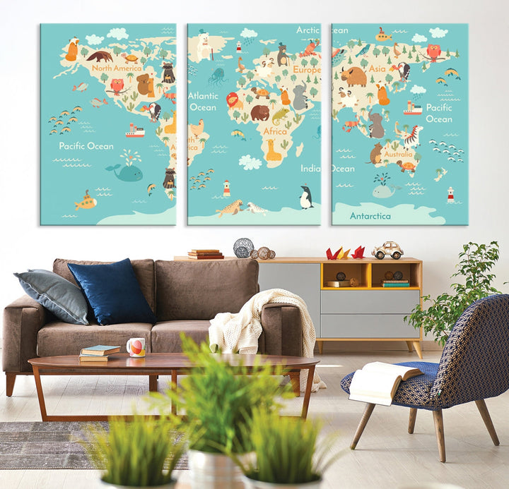 Extra Large World Map with Animals Art Print Kids Room Nursery Canvas Decor