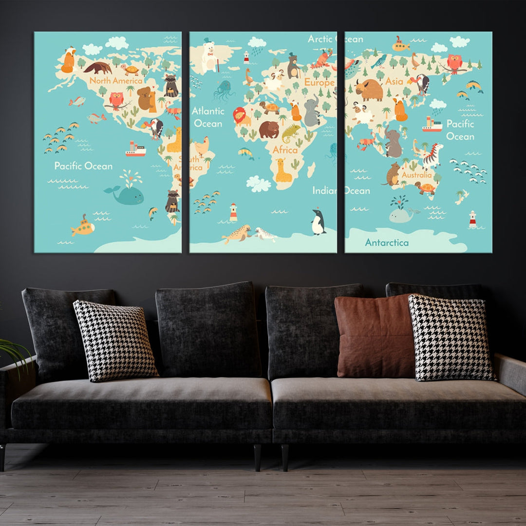 Extra Large World Map with Animals Art Print Kids Room Nursery Canvas Decor