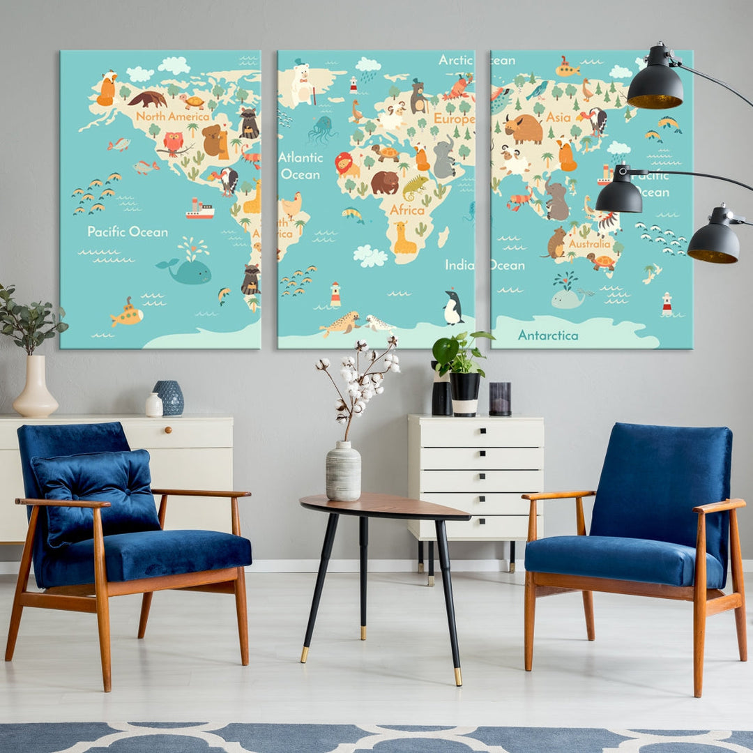 Extra Large World Map with Animals Art Print Kids Room Nursery Canvas Decor