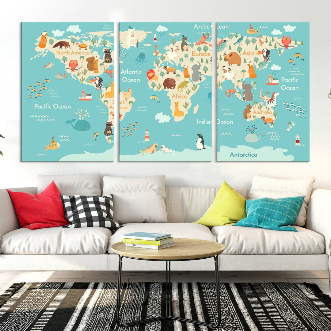 Extra Large World Map with Animals Art Print Kids Room Nursery Canvas Decor