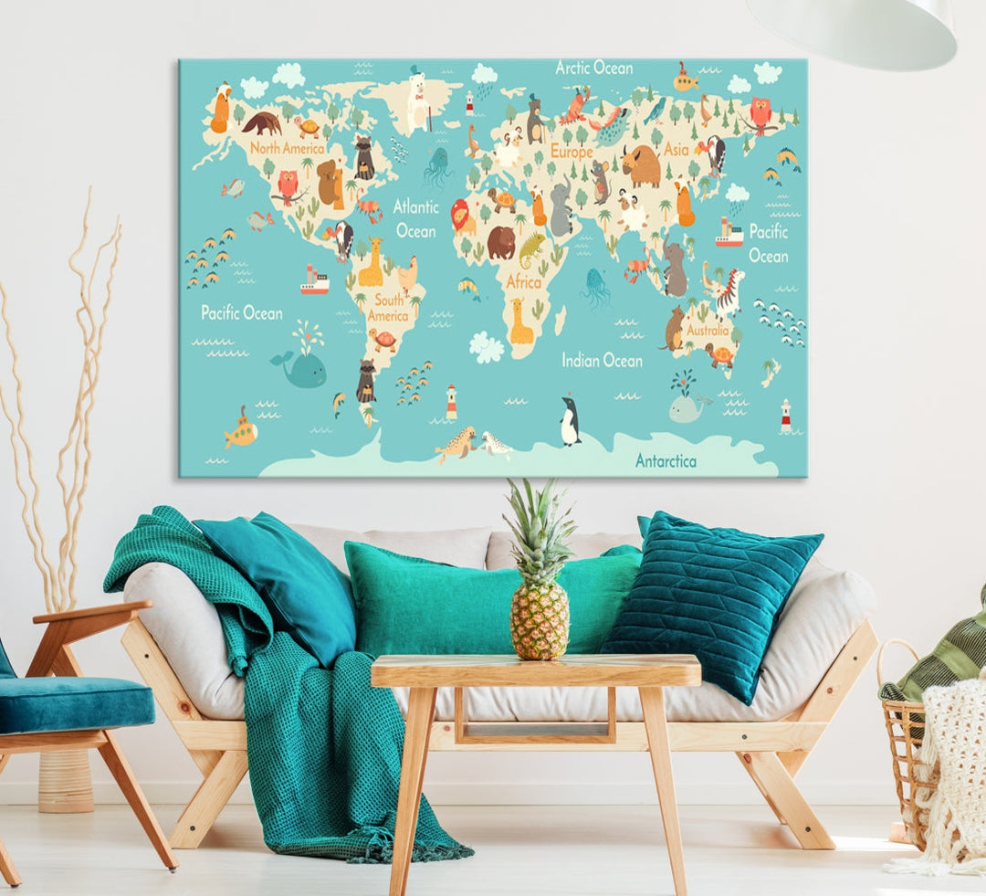 Extra Large World Map with Animals Art Print Kids Room Nursery Canvas Decor