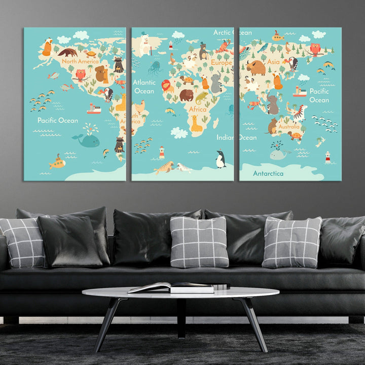 Extra Large World Map with Animals Art Print Kids Room Nursery Canvas Decor