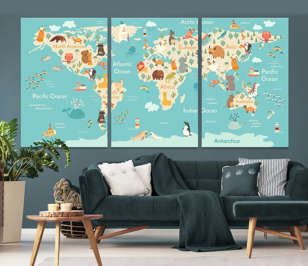 Extra Large World Map with Animals Art Print Kids Room Nursery Canvas Decor