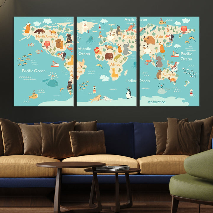 Extra Large World Map with Animals Art Print Kids Room Nursery Canvas Decor