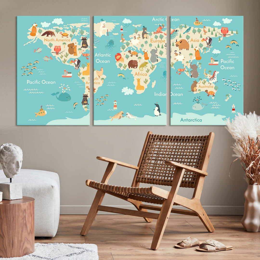 Extra Large World Map with Animals Art Print Kids Room Nursery Canvas Decor