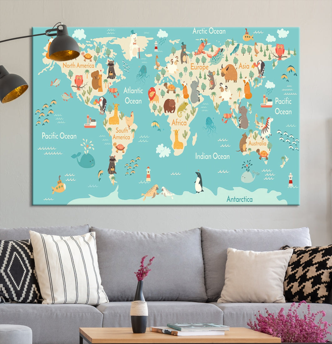 Extra Large World Map with Animals Art Print Kids Room Nursery Canvas Decor