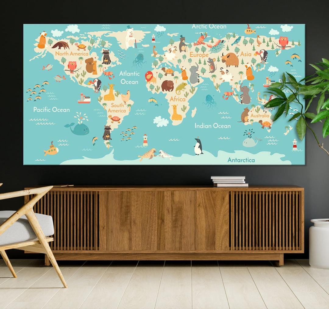 Extra Large World Map with Animals Art Print Kids Room Nursery Canvas Decor