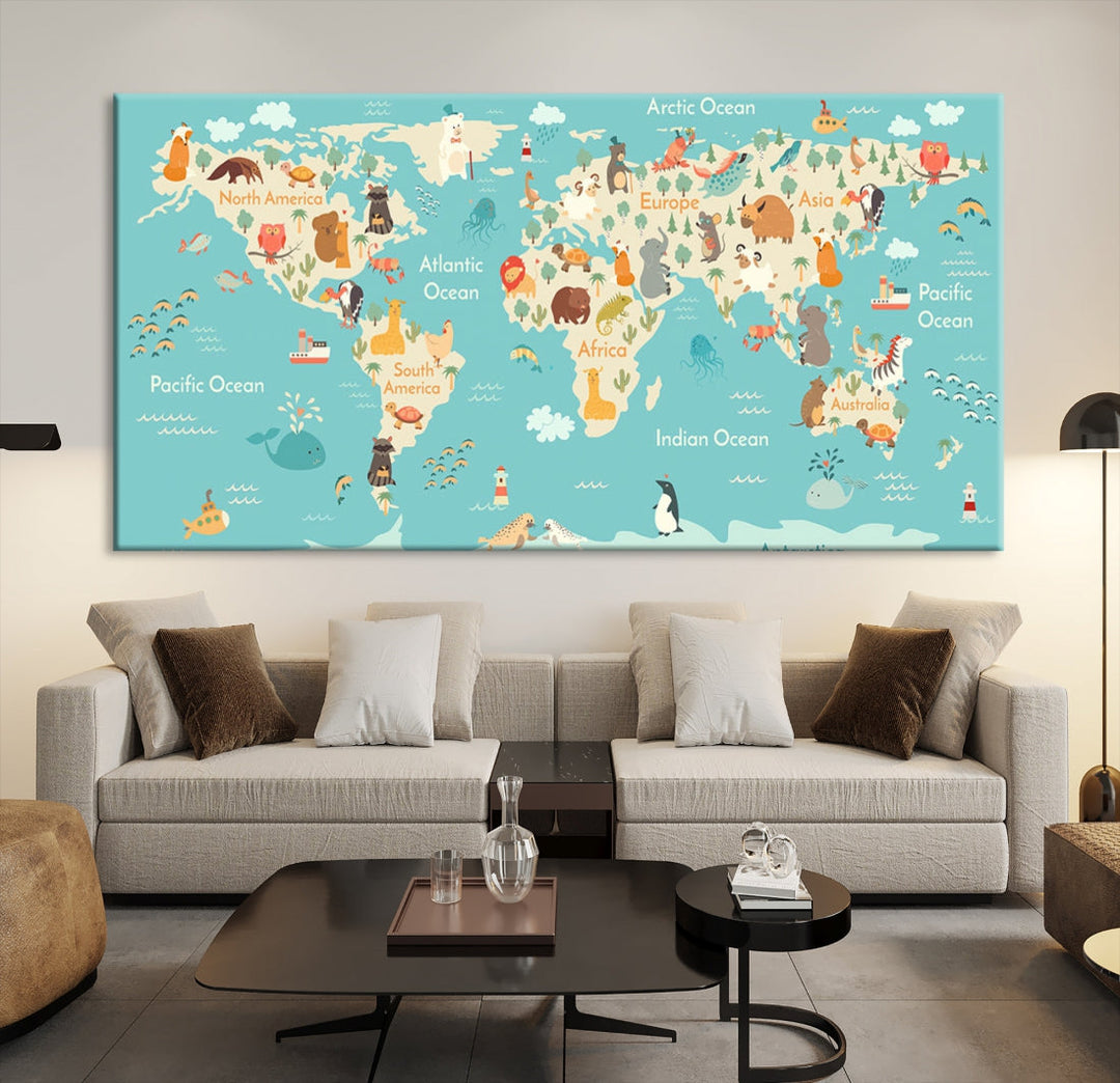 Extra Large World Map with Animals Art Print Kids Room Nursery Canvas Decor