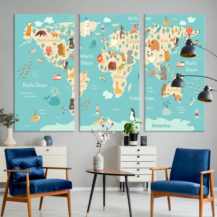 Extra Large World Map with Animals Art Print Kids Room Nursery Canvas Decor