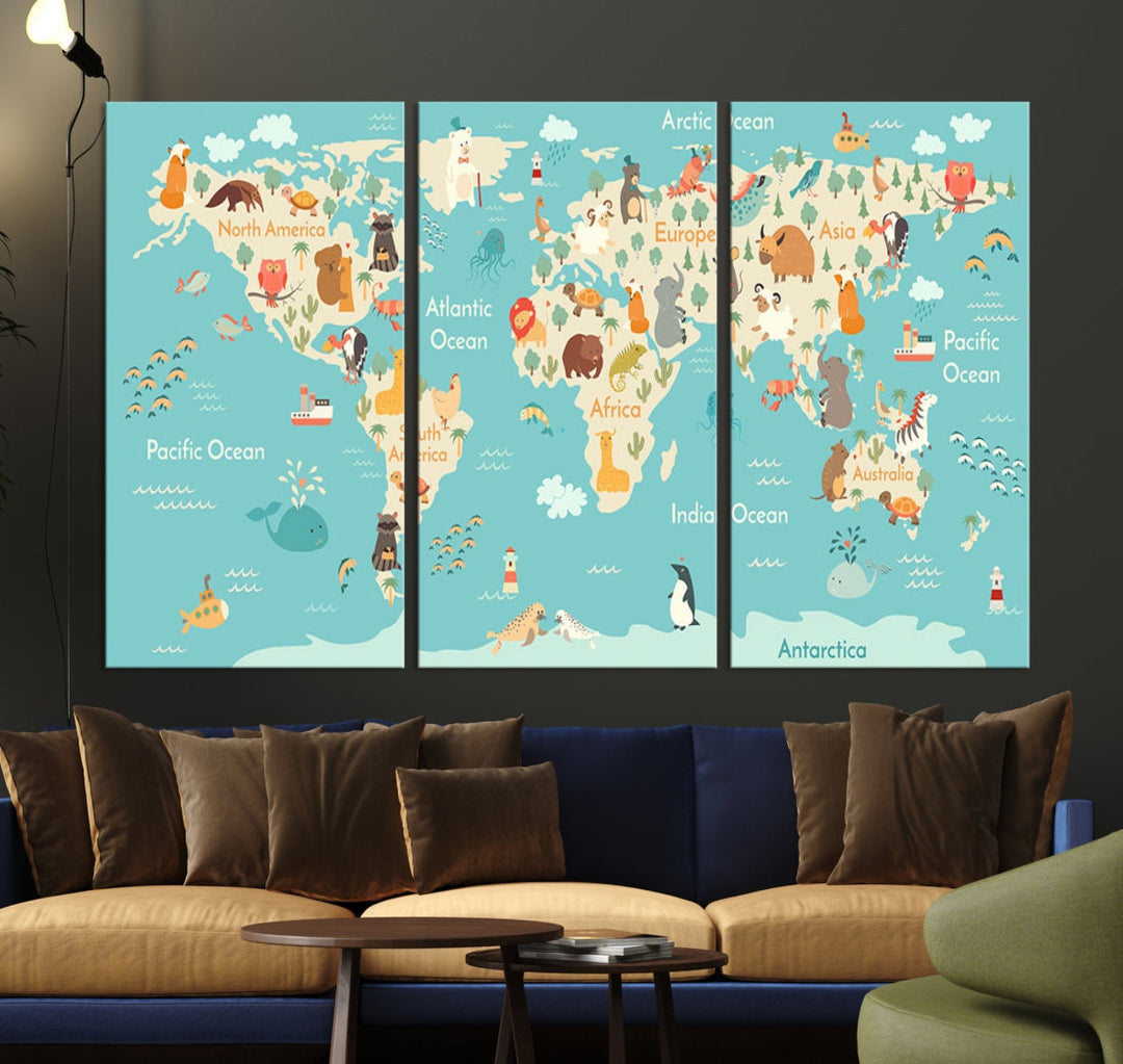 Extra Large World Map with Animals Art Print Kids Room Nursery Canvas Decor