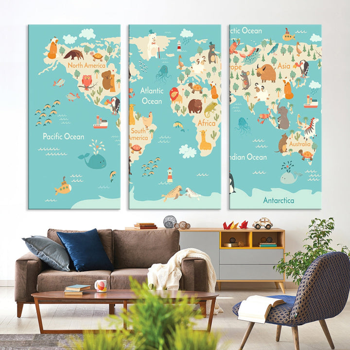 Extra Large World Map with Animals Art Print Kids Room Nursery Canvas Decor