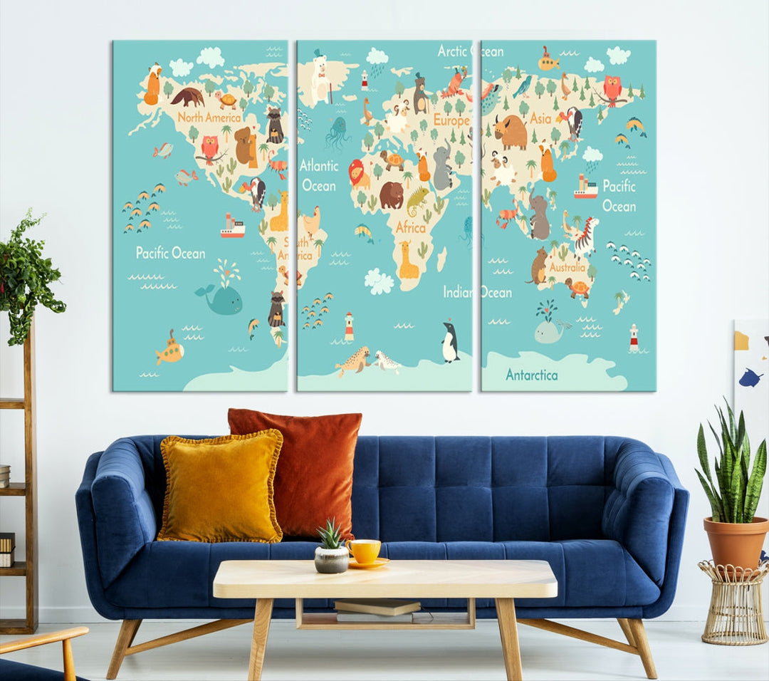 Extra Large World Map with Animals Art Print Kids Room Nursery Canvas Decor