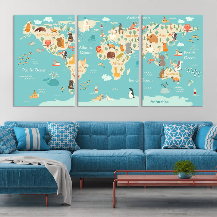 Extra Large World Map with Animals Art Print Kids Room Nursery Canvas Decor