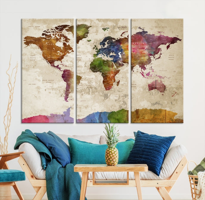 Extra Large World Map with Push Pins Detailed Map Canvas Wall Art Print