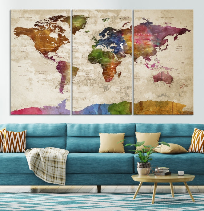 Extra Large World Map with Push Pins Detailed Map Canvas Wall Art Print