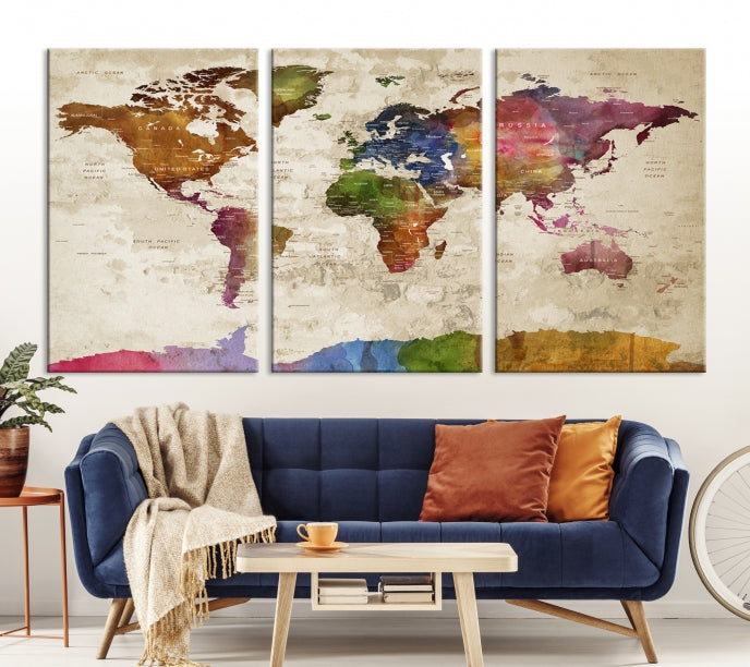 Extra Large World Map with Push Pins Detailed Map Canvas Wall Art Print