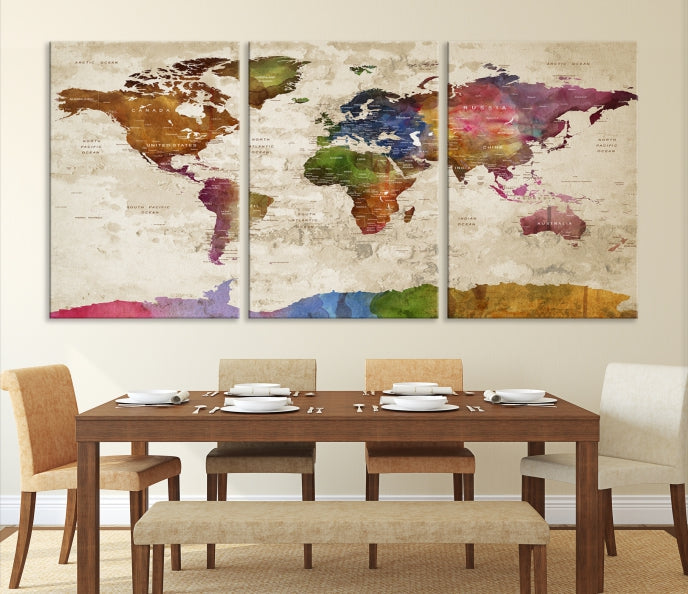 Extra Large World Map with Push Pins Detailed Map Canvas Wall Art Print