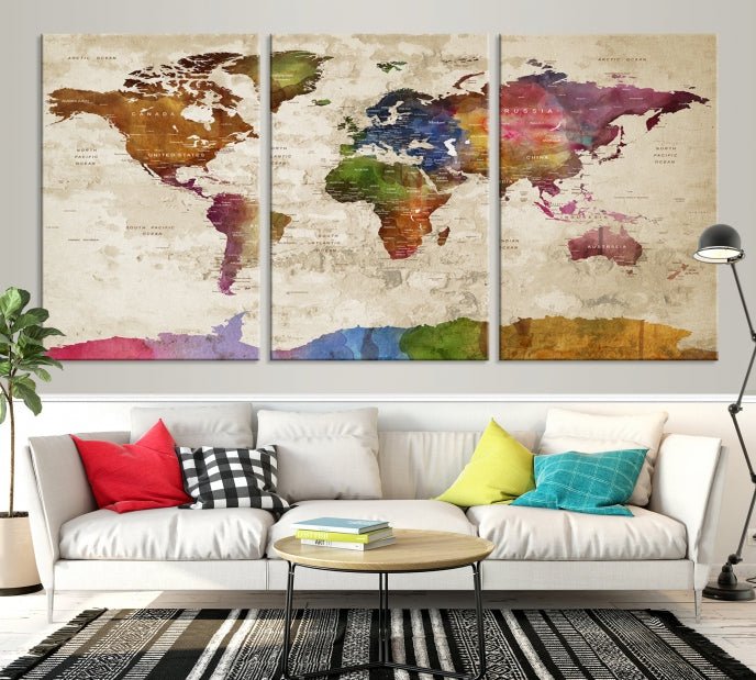 Extra Large World Map with Push Pins Detailed Map Canvas Wall Art Print