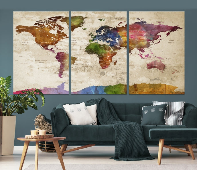 Extra Large World Map with Push Pins Detailed Map Canvas Wall Art Print