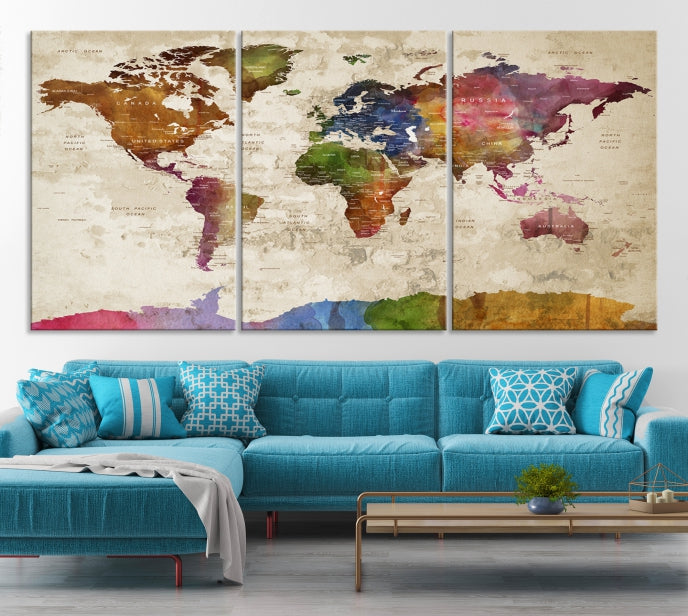 Extra Large World Map with Push Pins Detailed Map Canvas Wall Art Print