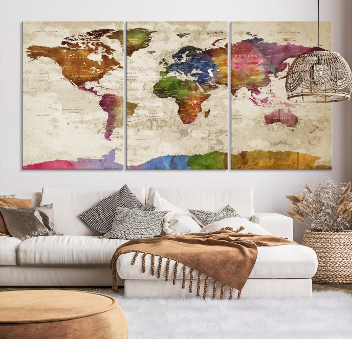 Extra Large World Map with Push Pins Detailed Map Canvas Wall Art Print