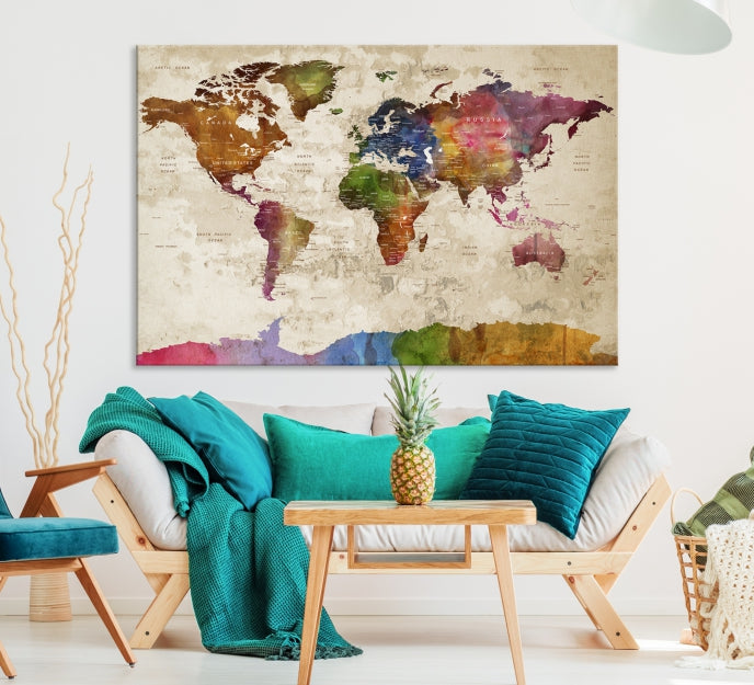 Extra Large World Map with Push Pins Detailed Map Canvas Wall Art Print