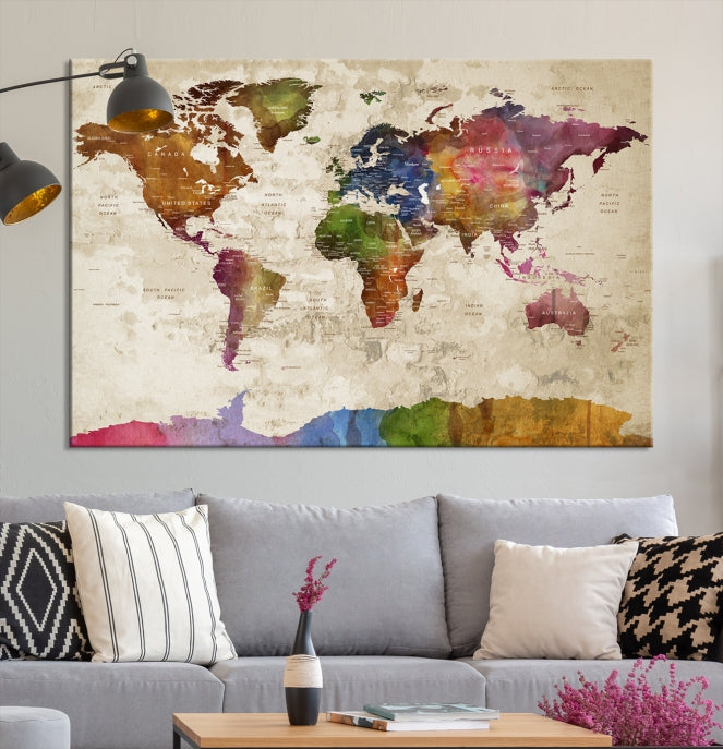 Extra Large World Map with Push Pins Detailed Map Canvas Wall Art Print