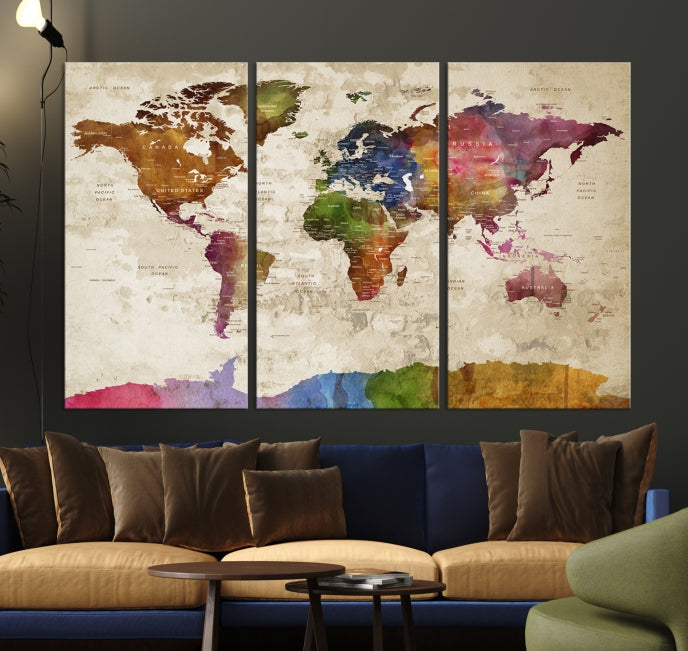 Extra Large World Map with Push Pins Detailed Map Canvas Wall Art Print