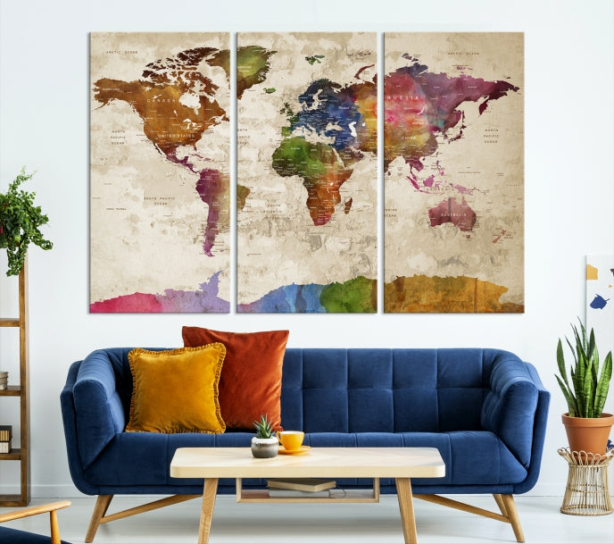 Extra Large World Map with Push Pins Detailed Map Canvas Wall Art Print