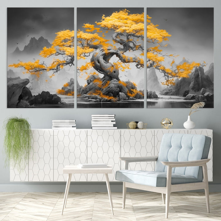 Extra Large Yellow Bonsai Tree Wall Art Canvas Print Fine Art Framed Wall Decor